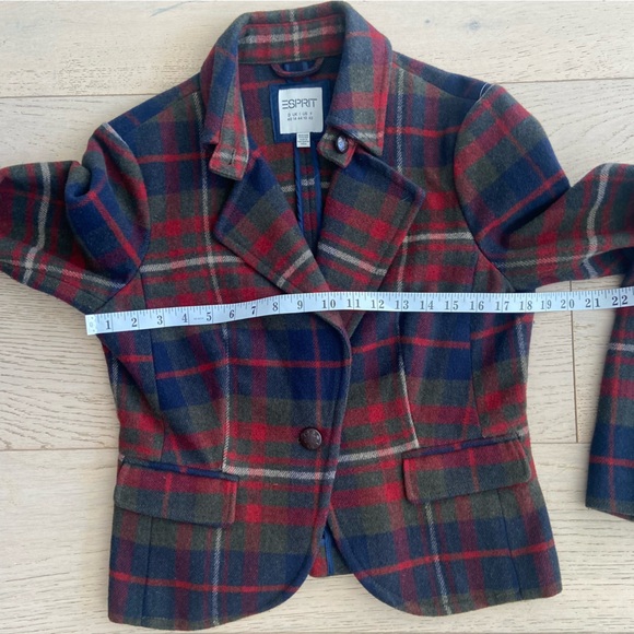 ESPRIT Tartan Wool Blend Tailored Blazer Jacket Size 10 Red Blue Preppy EUC - Picture 7 of 8